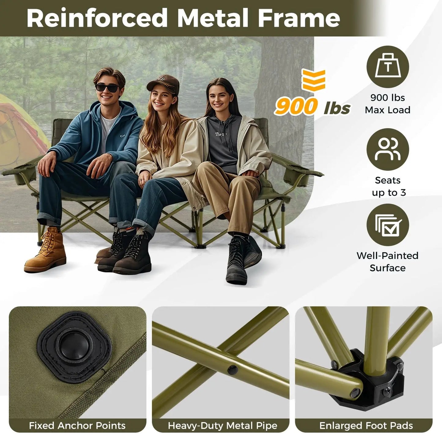 Folding Camping Chair Heavy-Duty Camp Couch w/ 2 Cup Holders Padding