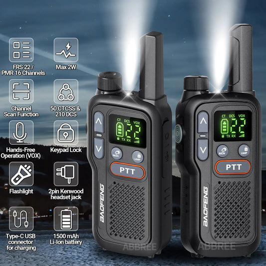 2PCS Baofeng BF-T18 Dual PTT Mini Walkie Talkie NOAA PMR FRS Flashlight Portable Long Range Support Type-C Two Way Ham Radio