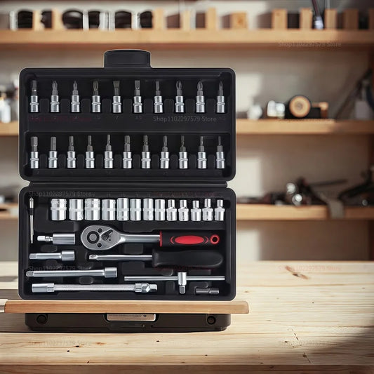 46pcs 1/4 Inch Drive Socket Set for Motor Ratchet Wrench Set Motorcycle Tool Kit, Bit Socket Wrench Set Metric Mechanic Tool Set