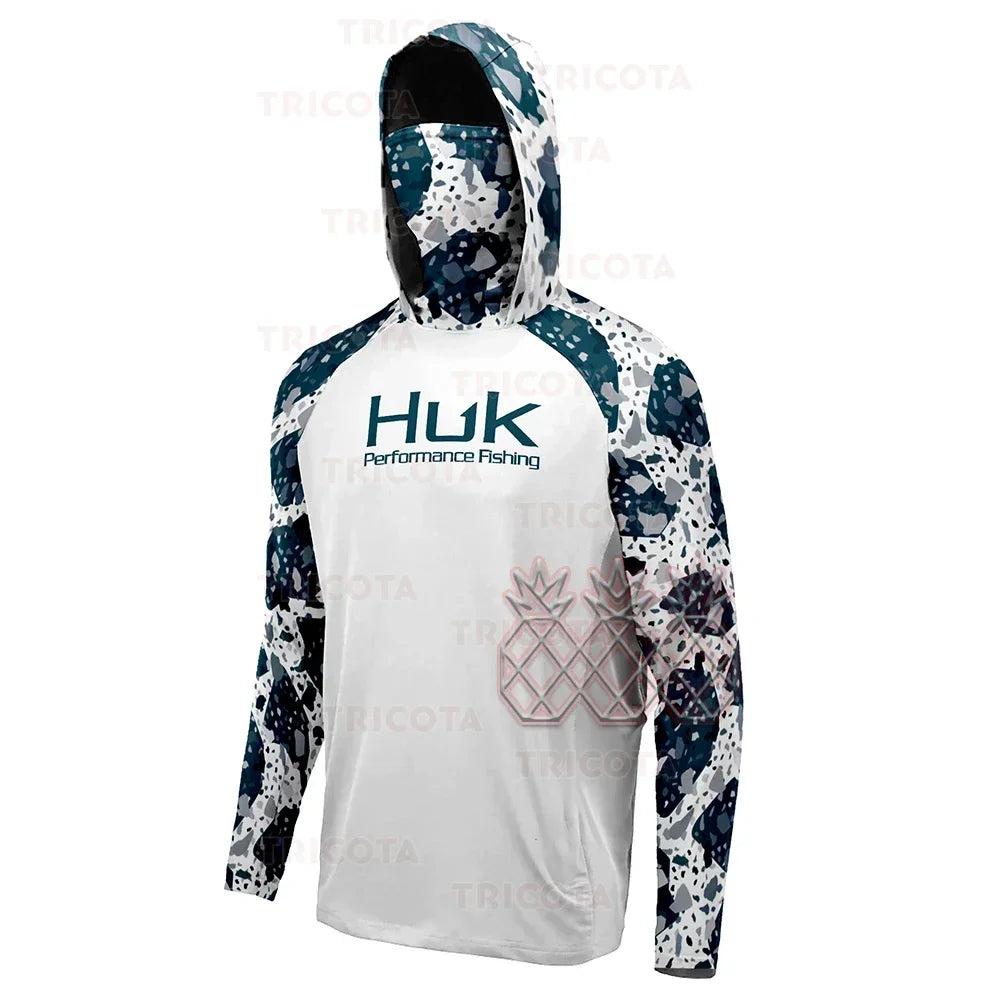 HUK UPF 50+ Long Sleeve Hooded Face Cover Fishing Shirts Quick Dry Sweatshirts Breathable UV Protection Men Fishing Jerseys