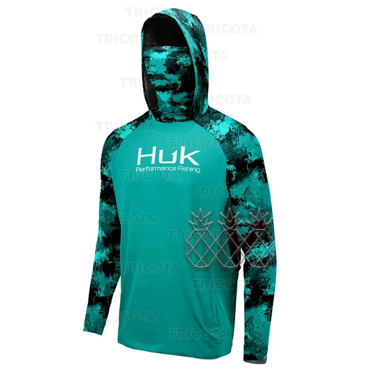 HUK UPF 50+ Long Sleeve Hooded Face Cover Fishing Shirts Quick Dry Sweatshirts Breathable UV Protection Men Fishing Jerseys