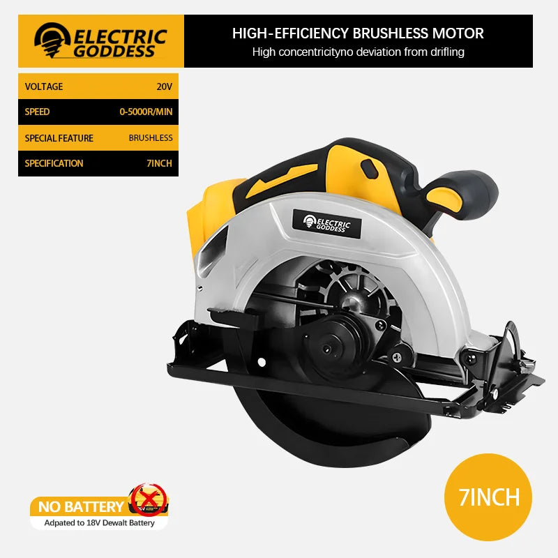 7-inch Cordless Circular Saw 5000rpm Brushless Woodworking Saw 45-degree Cutting Angle Adjustment For Dewalt 20v Batteries