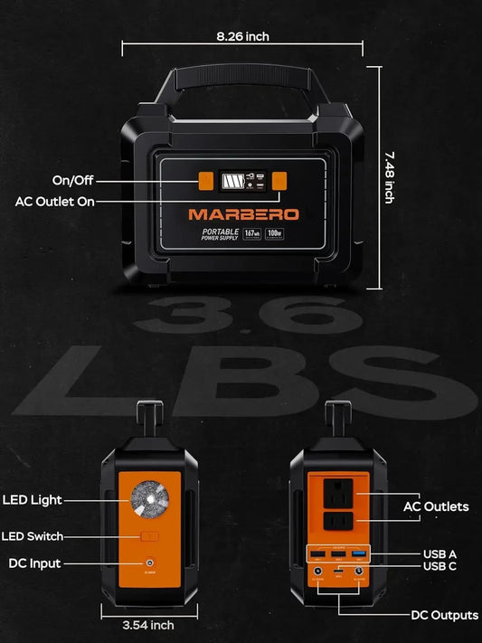 2024New Portable Power Station 200W Peak Solar Generator 167Wh Camping Battery Power Supply with 110V AC Outlet 2 DC Ports 4 USB