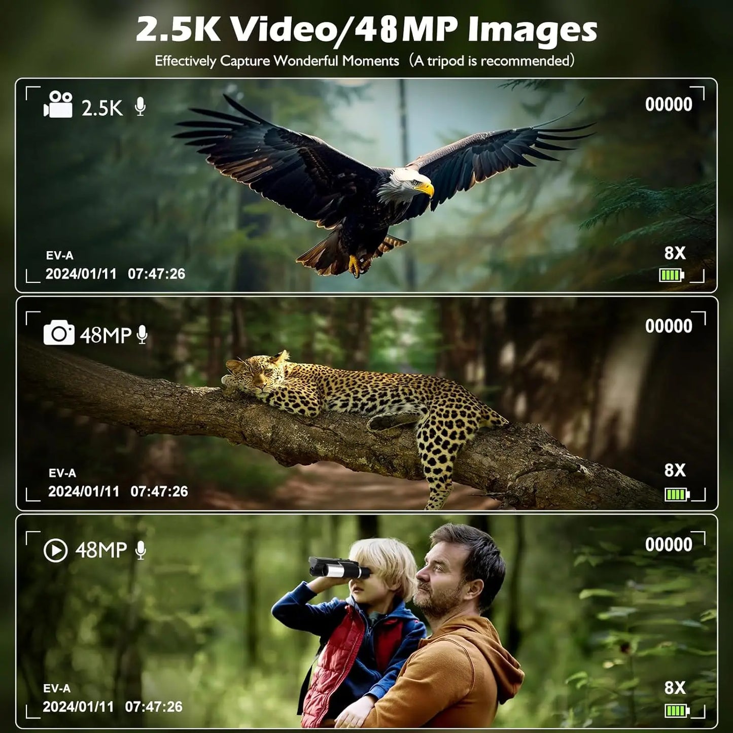 -HD Digital Binocular Telescope Camera, VCR Function, 2.4 "LCD Display Screen for Camping,