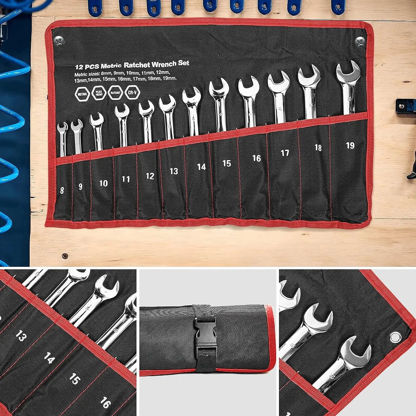 12-Piece Reversible Ratcheting Combination Set, 72 Teeth,Metric 8mm-19mm with Storage Bag, for motorcycle/car/mechanical etc.