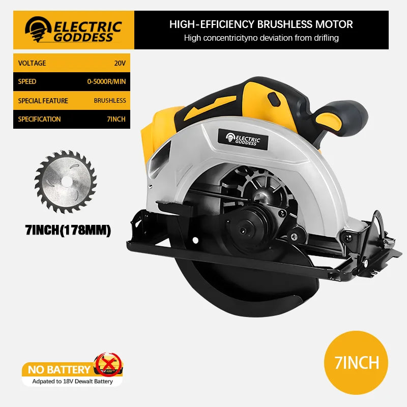 7-inch Cordless Circular Saw 5000rpm Brushless Woodworking Saw 45-degree Cutting Angle Adjustment For Dewalt 20v Batteries