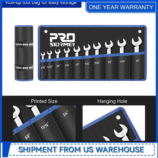Double Sided Ratchet Wrench Set 10 Piece 5/16 to 3/4 72 Tooth Box End and Open End Wrench Set with Rolling Pouch By Prostormer