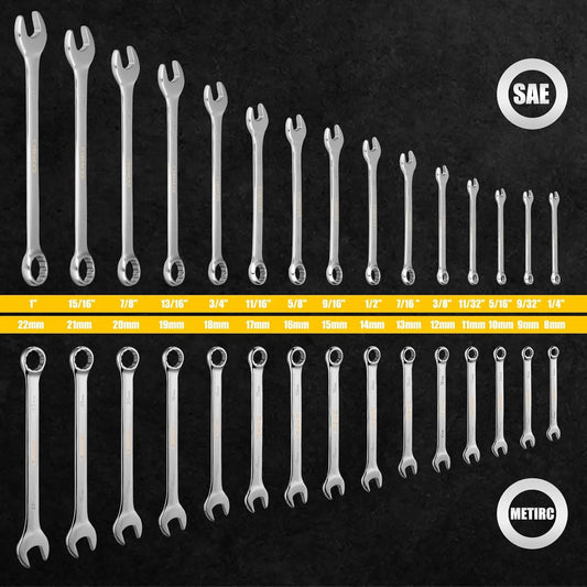 DEKOPRO Combination Wrench Set, SAE&Metric,  1/4'' to 1'' & 8-22mm, 12-Point, Chrome Vanadium Steel, with Plastic Tray