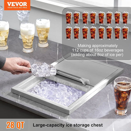 Drop in Ice Chest, 18"L x 12"W x 14.5"H Stainless Steel Ice Cooler,  with Sliding Cover, 40.9 qt Outdoor