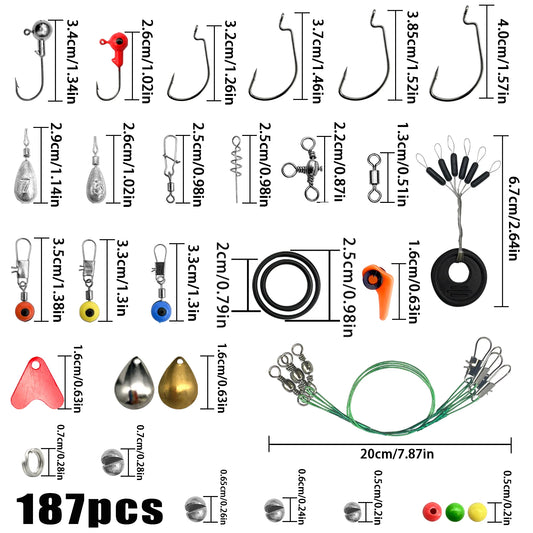 187/269pcs Fishing Accessories Kit Set - Including Tackle Box, Fish Hooks, Bait Parts, Sinkers