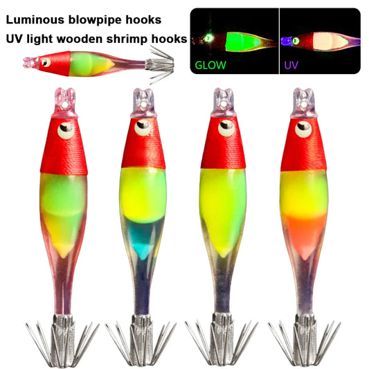 Luminous UV Blowing Tube Fishing Lure Wood Shrimp Bait Fishing Explosion Hook