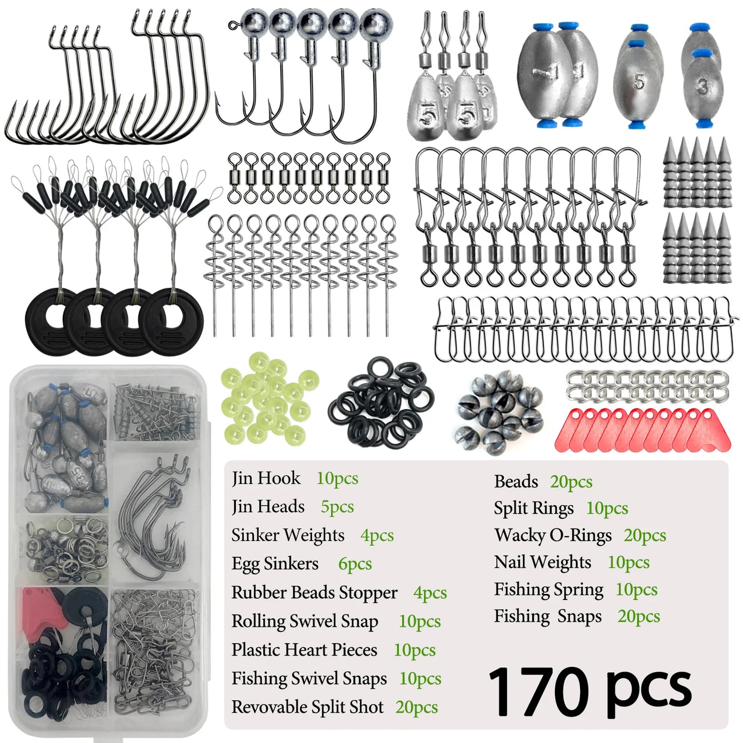 170-410pcs Professional Fishing Kit with Tackle Box,Hooks Sinkers Swivels for Bass Trout Saltwater Fish