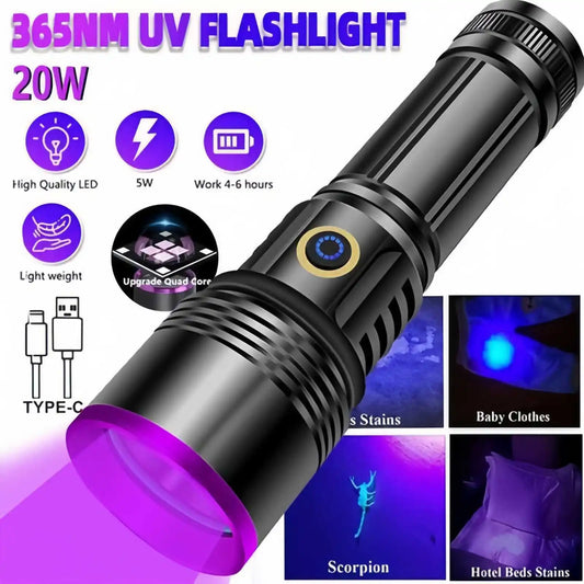 20W UV Black Light Flashlight -365nm USB Rechargeable | Pet Urine Detectorcamping