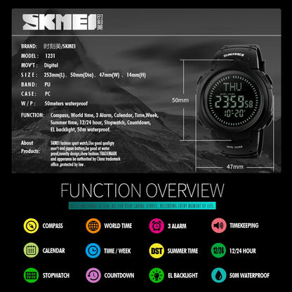 Outdoor Chronograph Compass Watch Men Multifunction Waterproof LED Electronic