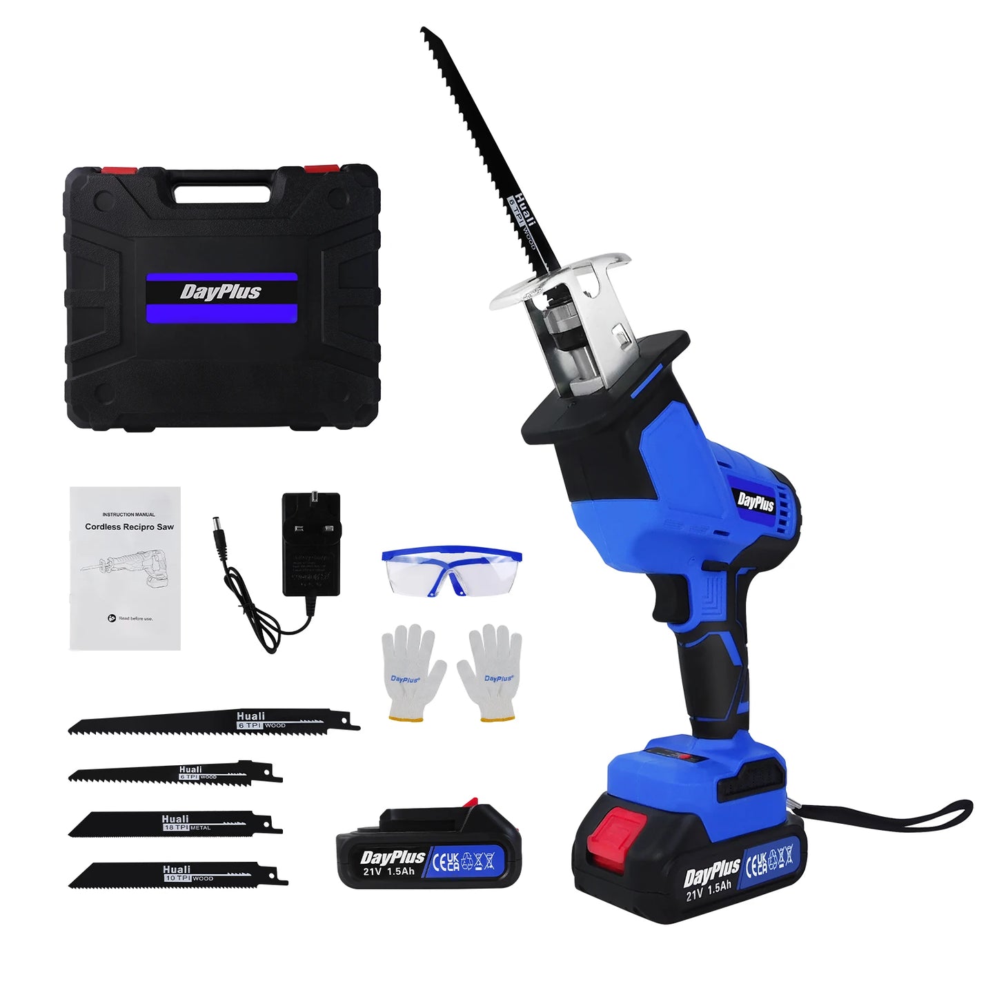 DayPlus Brushless Reciprocating Saw 21V Electric Cordless Reciprocating Saw Sabre Saw for Cut Wood With Battery & 4 Saw Blades