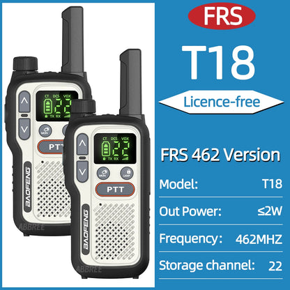 2PCS Baofeng BF-T18 Dual PTT Mini Walkie Talkie NOAA PMR FRS Flashlight Portable Long Range Support Type-C Two Way Ham Radio