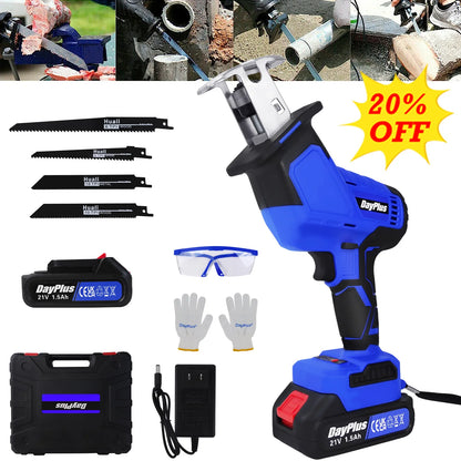 DayPlus Brushless Reciprocating Saw 21V Electric Cordless Reciprocating Saw Sabre Saw for Cut Wood With Battery & 4 Saw Blades