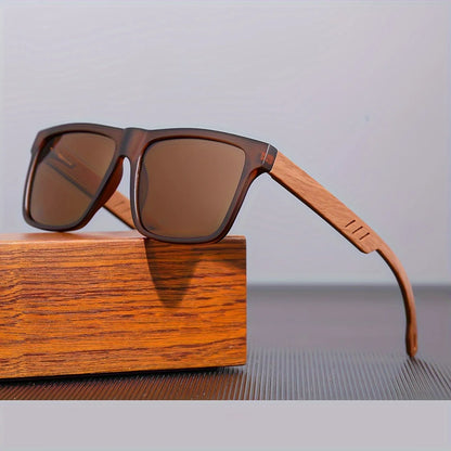 New Square Casual Sunglasses Wood Grain Spring Hinges UV400 Protection Unisex Outdoor Daily Eyewear