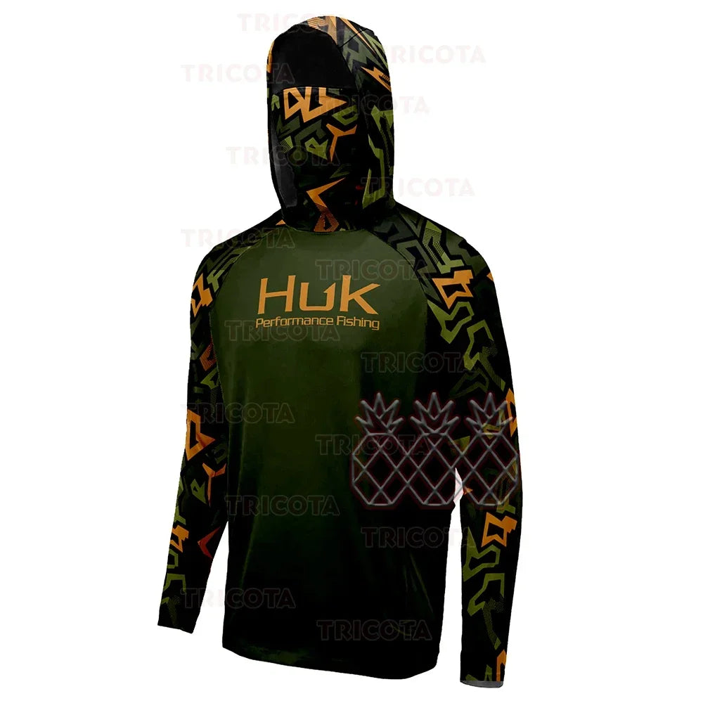 HUK UPF 50+ Long Sleeve Hooded Face Cover Fishing Shirts Quick Dry Sweatshirts Breathable UV Protection Men Fishing Jerseys