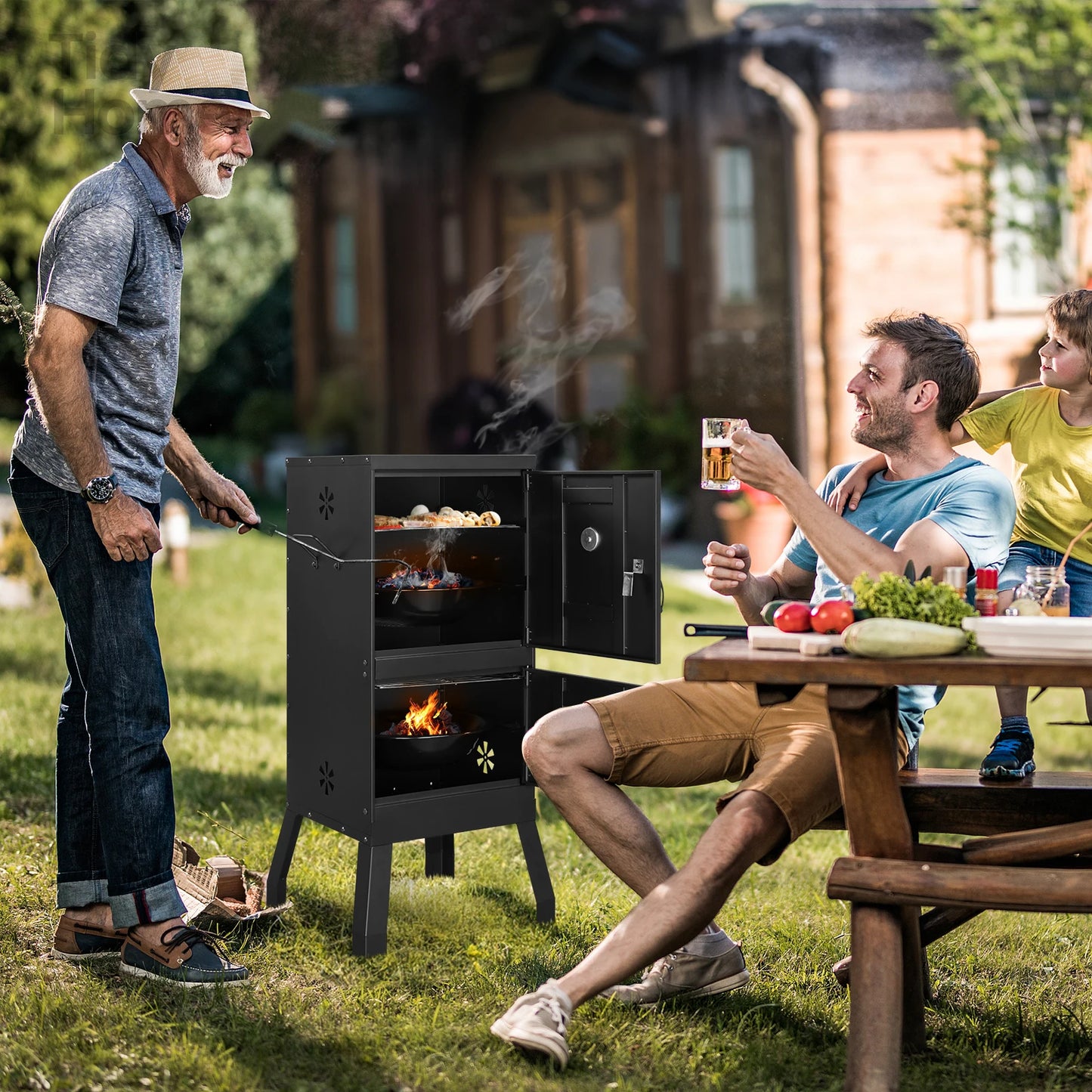 bbq grill outdoor with Double Doors, 2 Detachable Grill Netting Smoking Racks, Charcoal Pan & Water Pan,