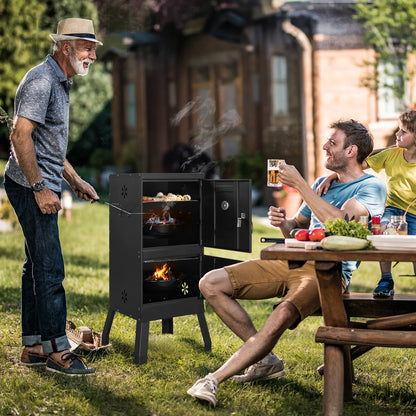 bbq grill outdoor with Double Doors, 2 Detachable Grill Netting Smoking Racks, Charcoal Pan & Water Pan,