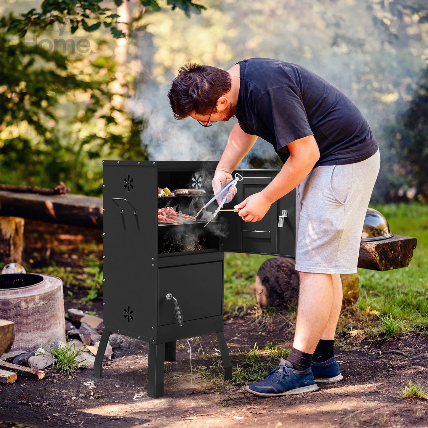 bbq grill outdoor with Double Doors, 2 Detachable Grill Netting Smoking Racks, Charcoal Pan & Water Pan,