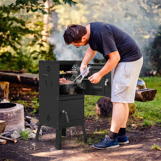 bbq grill outdoor with Double Doors, 2 Detachable Grill Netting Smoking Racks, Charcoal Pan & Water Pan,