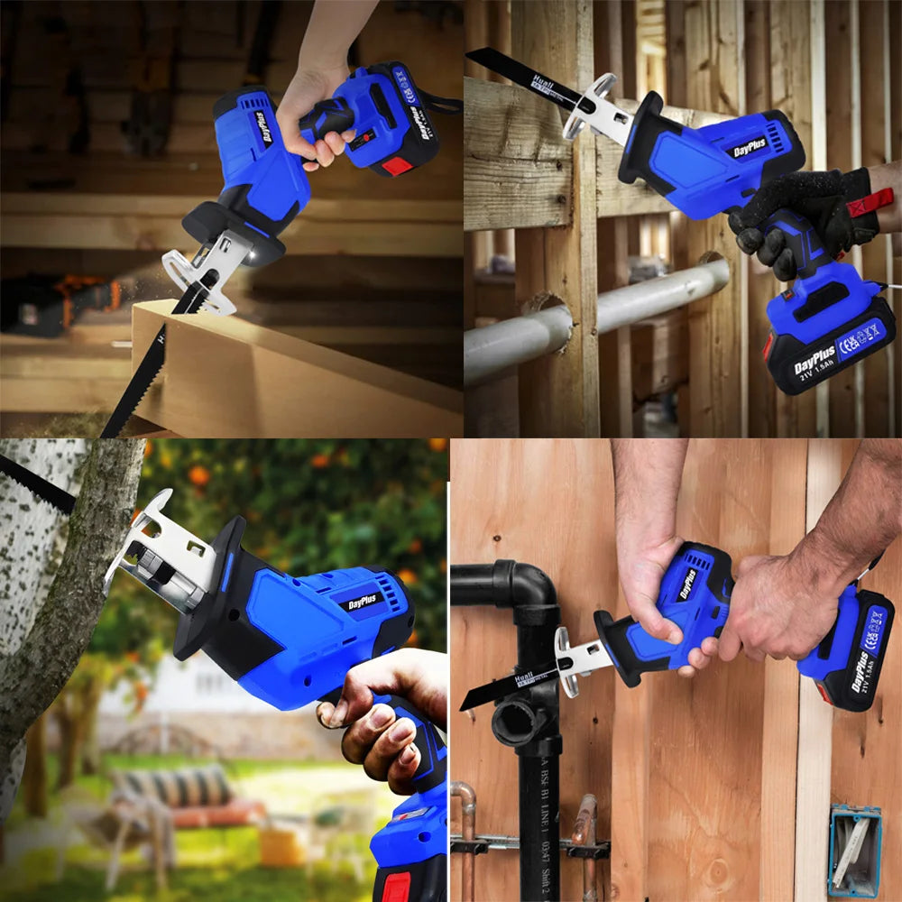 DayPlus Brushless Reciprocating Saw 21V Electric Cordless Reciprocating Saw Sabre Saw for Cut Wood With Battery & 4 Saw Blades