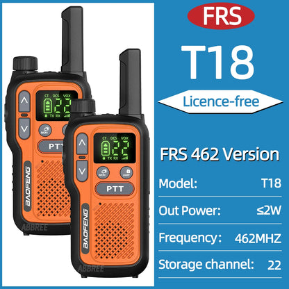 2PCS Baofeng BF-T18 Dual PTT Mini Walkie Talkie NOAA PMR FRS Flashlight Portable Long Range Support Type-C Two Way Ham Radio
