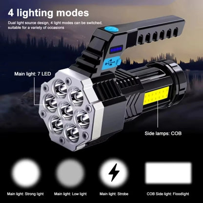 7LED High-Power Flashlight With USB Charging COB Side Light - Suitable For Portable Flashlights