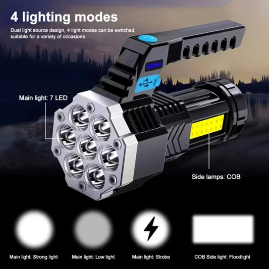 7LED High-Power Flashlight With USB Charging COB Side Light - Suitable For Portable Flashlights