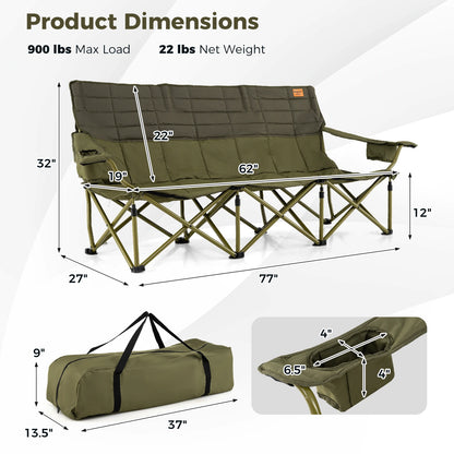 Folding Camping Chair Heavy-Duty Camp Couch w/ 2 Cup Holders Padding