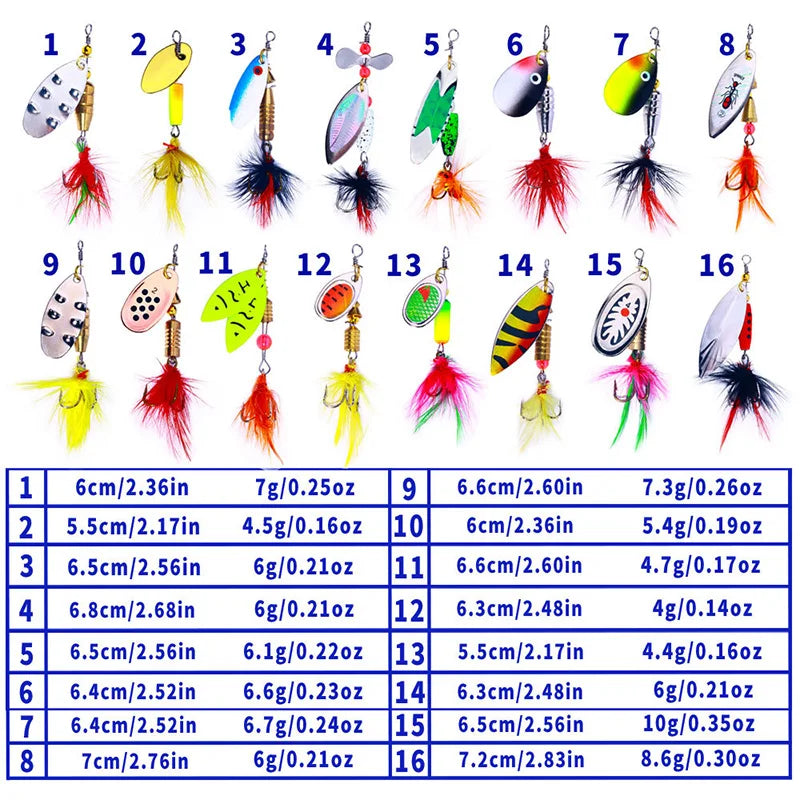 16PCS Fake Bait Spinner Lures Metal Bait Fishing Lure Spinnerbait Bass Trout Salmon Hard Metal Spinner
