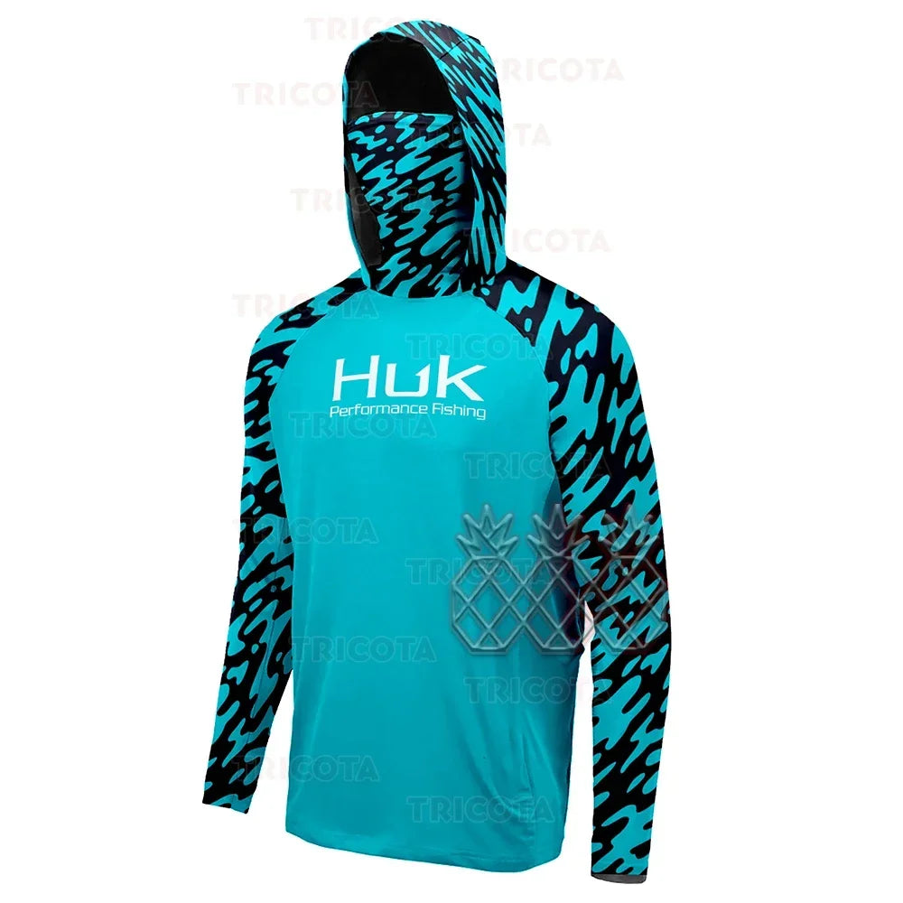 HUK UPF 50+ Long Sleeve Hooded Face Cover Fishing Shirts Quick Dry Sweatshirts Breathable UV Protection Men Fishing Jerseys