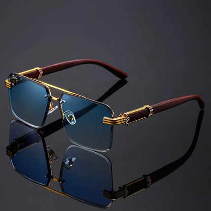 Women's Frameless Double Beam Fashion Sunglasses Golden Border Wood Grain Bracket for Male and Female Drivers Black Eyeglasses