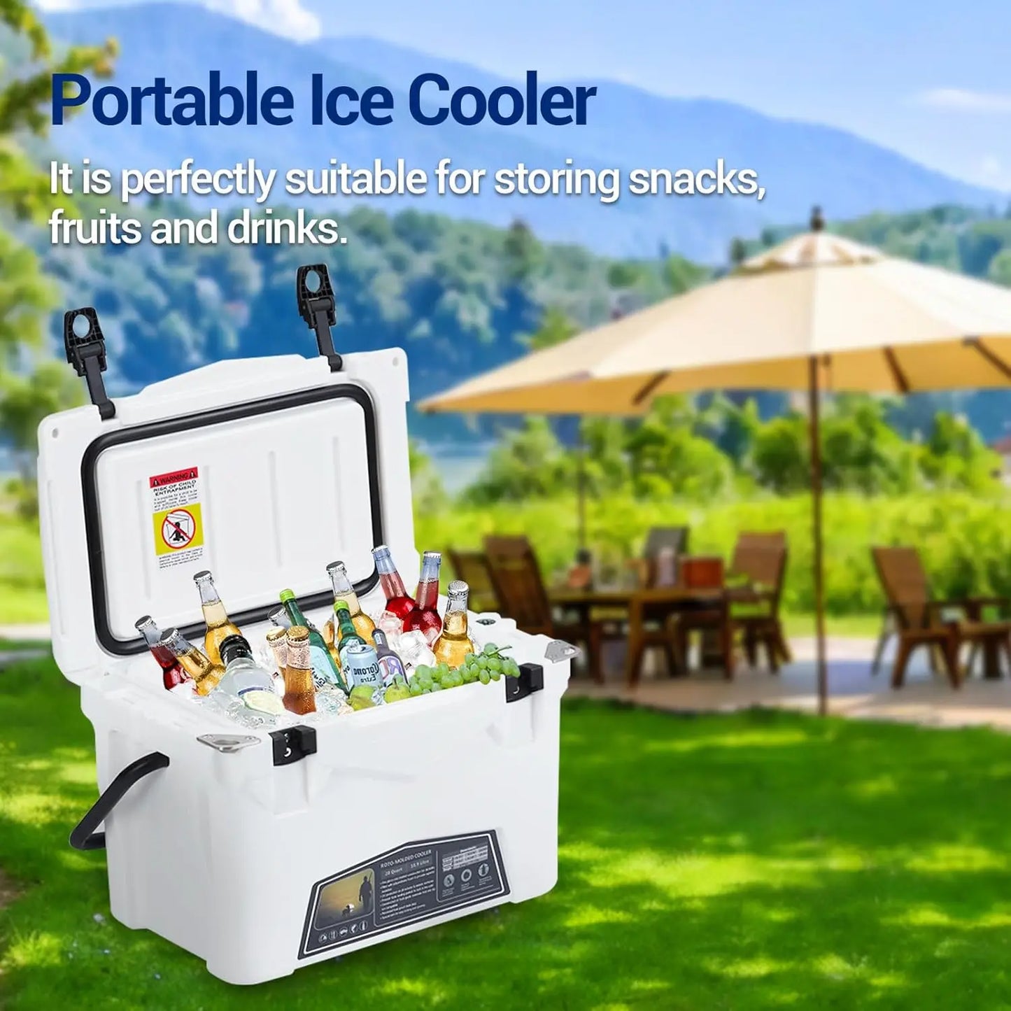Portable Ice Cooler, Heavy Duty Ice Chest with Portable Cup Holder, Fish Ruler, Bottle Openers,