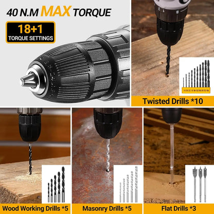 DEKO Cordless Drill Tool Kit Set: 20V Power Drill Tool Box with Battery Electric Drill Driver
