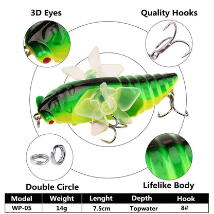 1 PC Popper Spin Fishing Lure Floating Hard Bait Artificial Spinning Baits 14G 7.5G