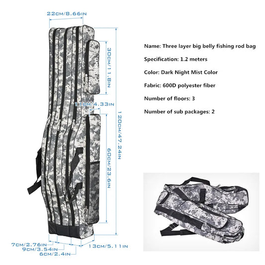 1.2m/1.5m three-layer foldable large belly sea fishing bag, double shoulder fishing rod bag, tool kit for outdoor storage