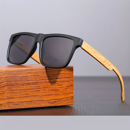 New Square Casual Sunglasses Wood Grain Spring Hinges UV400 Protection Unisex Outdoor Daily Eyewear