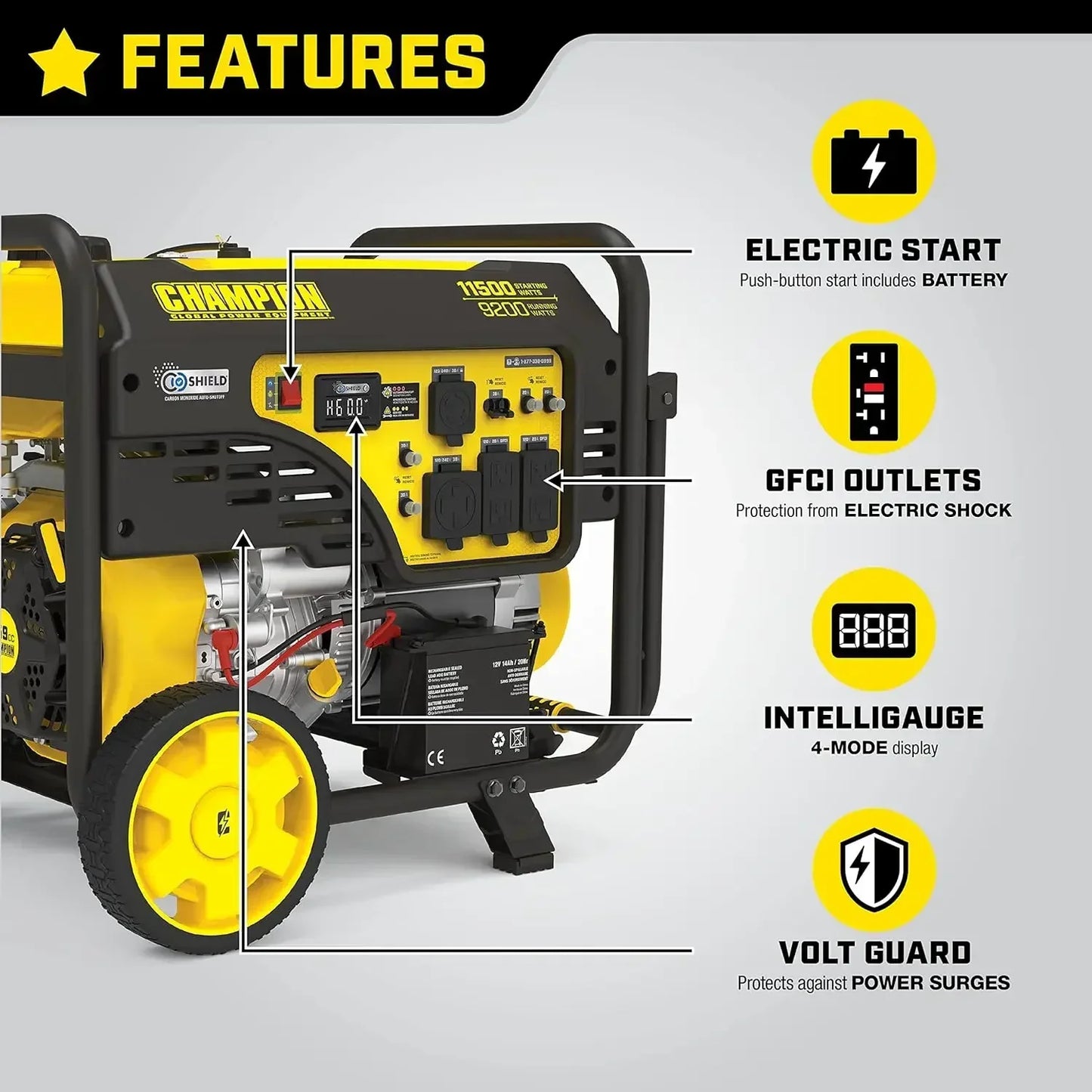 New  Equipment 201110 11,500/9,200-Watt Electric Start Portable Generator with CO Shield,Yellow   | USA | NEW