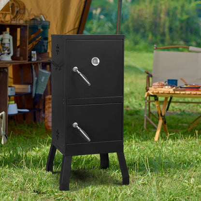 bbq grill outdoor with Double Doors, 2 Detachable Grill Netting Smoking Racks, Charcoal Pan & Water Pan,