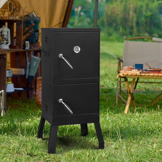 bbq grill outdoor with Double Doors, 2 Detachable Grill Netting Smoking Racks, Charcoal Pan & Water Pan,
