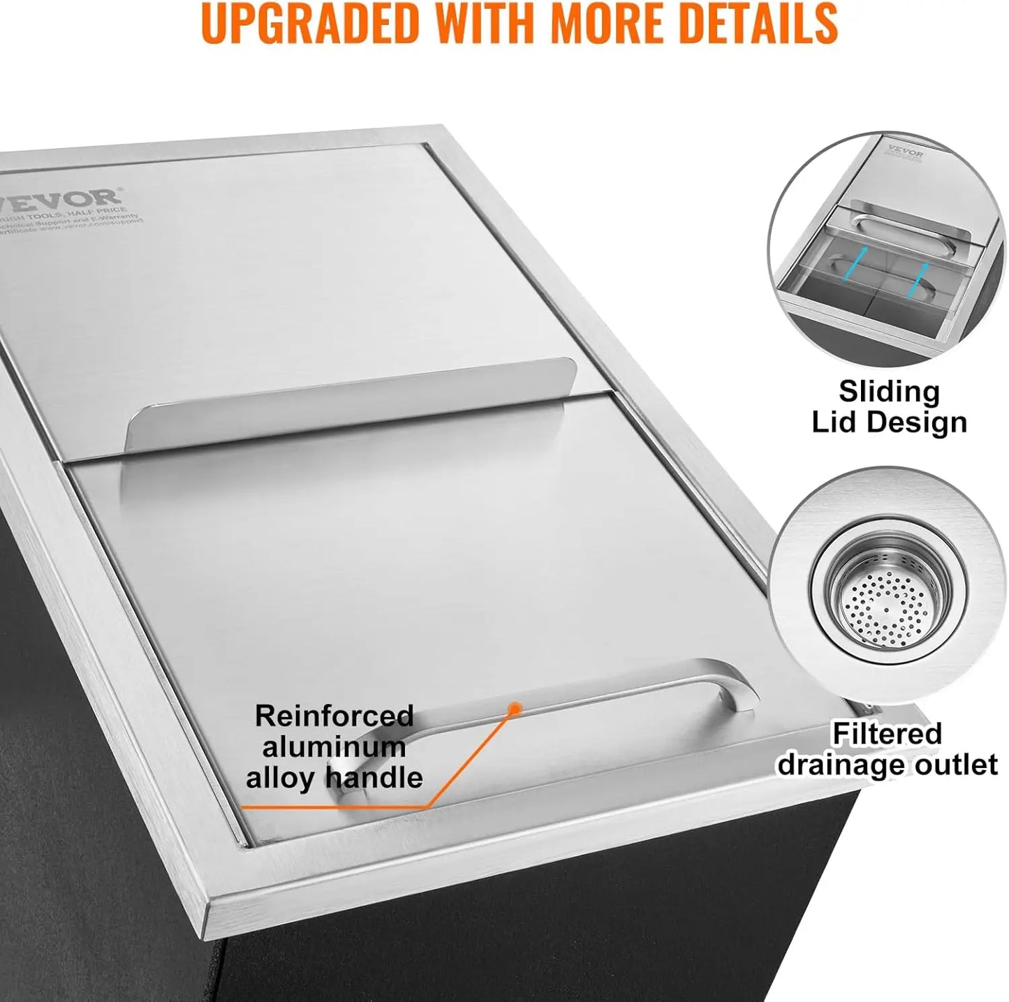 Drop in Ice Chest, 18"L x 12"W x 14.5"H Stainless Steel Ice Cooler,  with Sliding Cover, 40.9 qt Outdoor