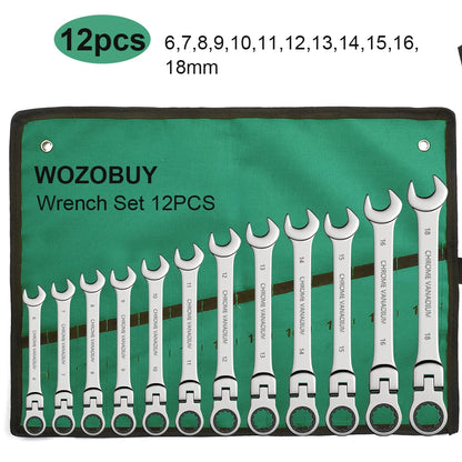 Ratchet Spanner Wrench Set 8-22mm Gear Ring Ratcheting Combination Wrench Kit Metric Flexible Head with Canvas Bag