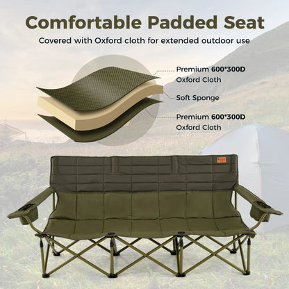 Folding Camping Chair Heavy-Duty Camp Couch w/ 2 Cup Holders Padding