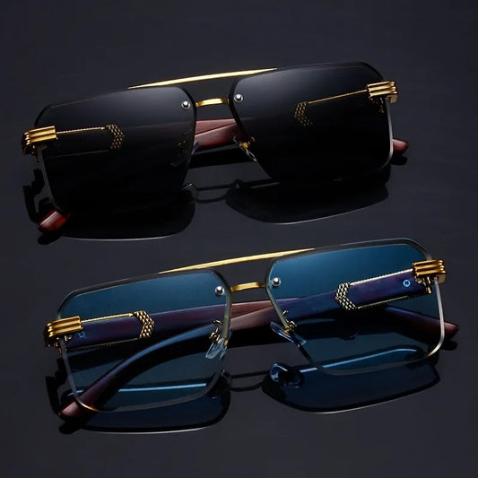 Women's Frameless Double Beam Fashion Sunglasses Golden Border Wood Grain Bracket for Male and Female Drivers Black Eyeglasses