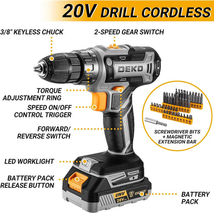 DEKO Cordless Drill Tool Kit Set: 20V Power Drill Tool Box with Battery Electric Drill Driver