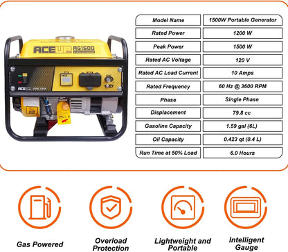 Aceup Energy 1,500W Gas Powered Generator, Portable Generator 4-Stroke, EPA Compliant
