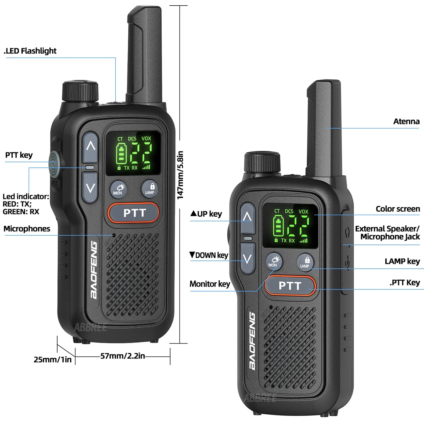 2PCS Baofeng BF-T18 Dual PTT Mini Walkie Talkie NOAA PMR FRS Flashlight Portable Long Range Support Type-C Two Way Ham Radio